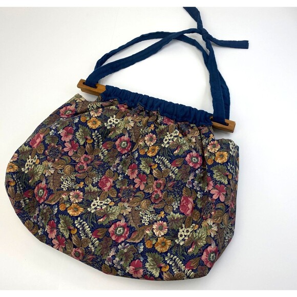 Vintage 80s Quilted Knitting Bag Handbag Purse Floral Wood Handles Pocket Boho - Picture 7 of 10